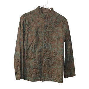 Women's Batik Stitched Button Up Jacket Size M Brown Teal Lightweight Shacket